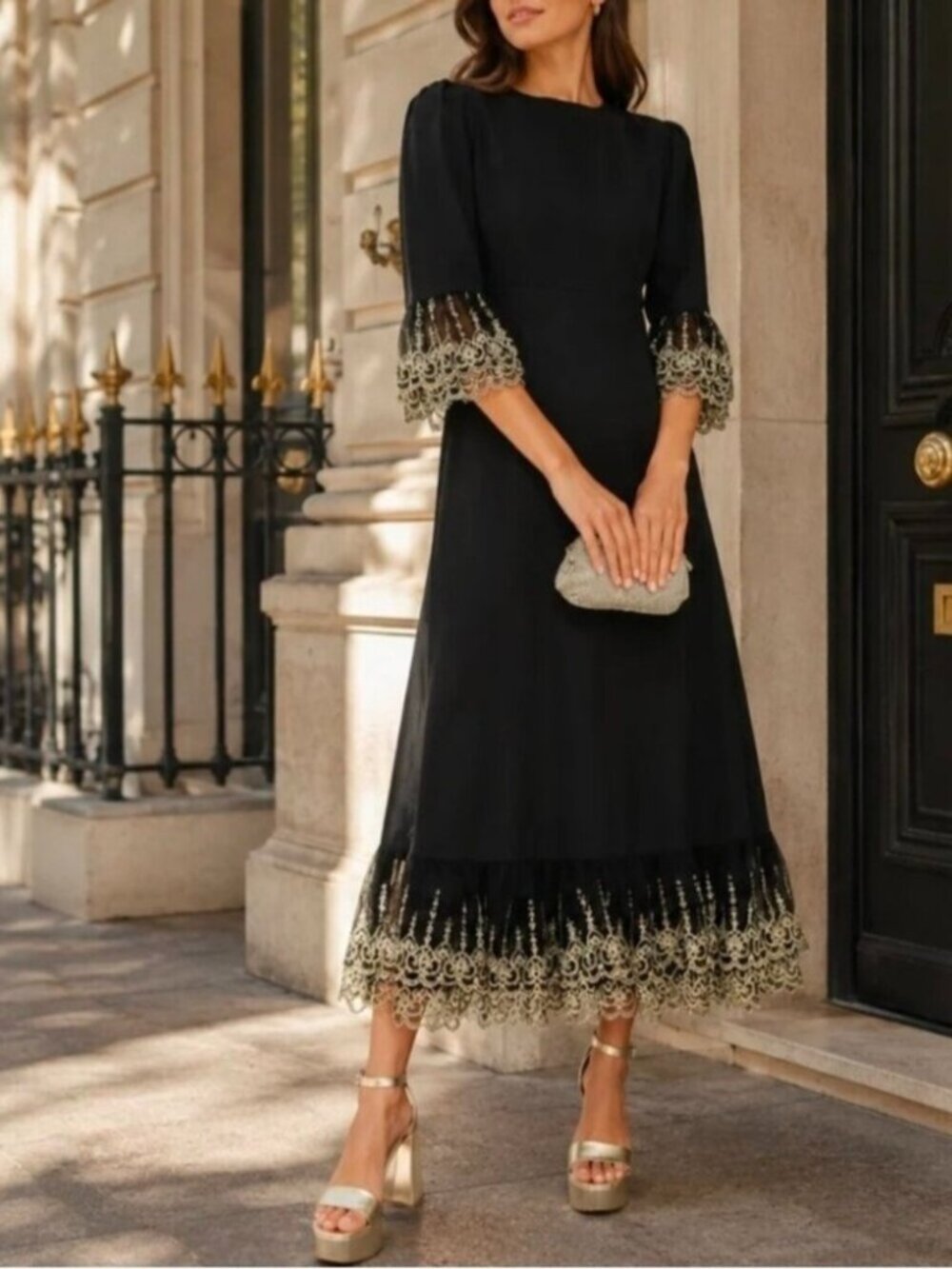 Tuckernuck Pomander Place Black Gold Embroidered Lace Lilith Maxi Dress M